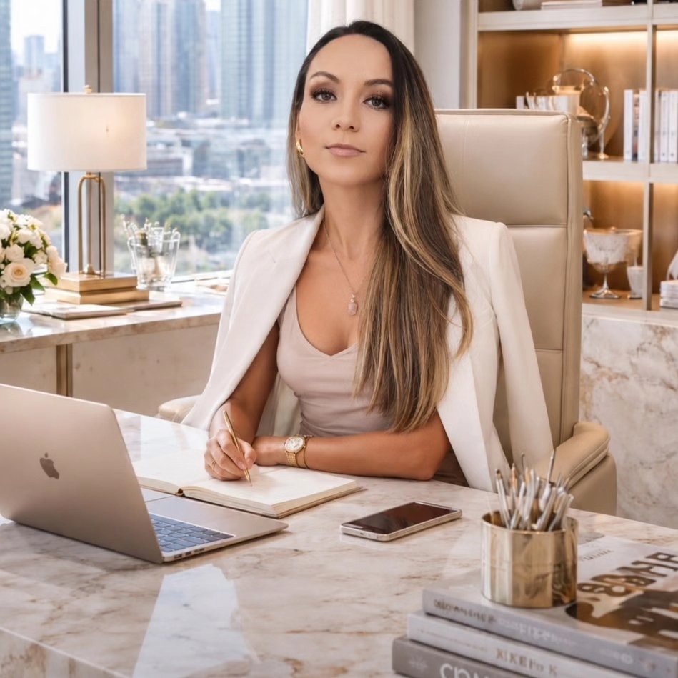 María Paula sentada en un espacio elegante y luminoso